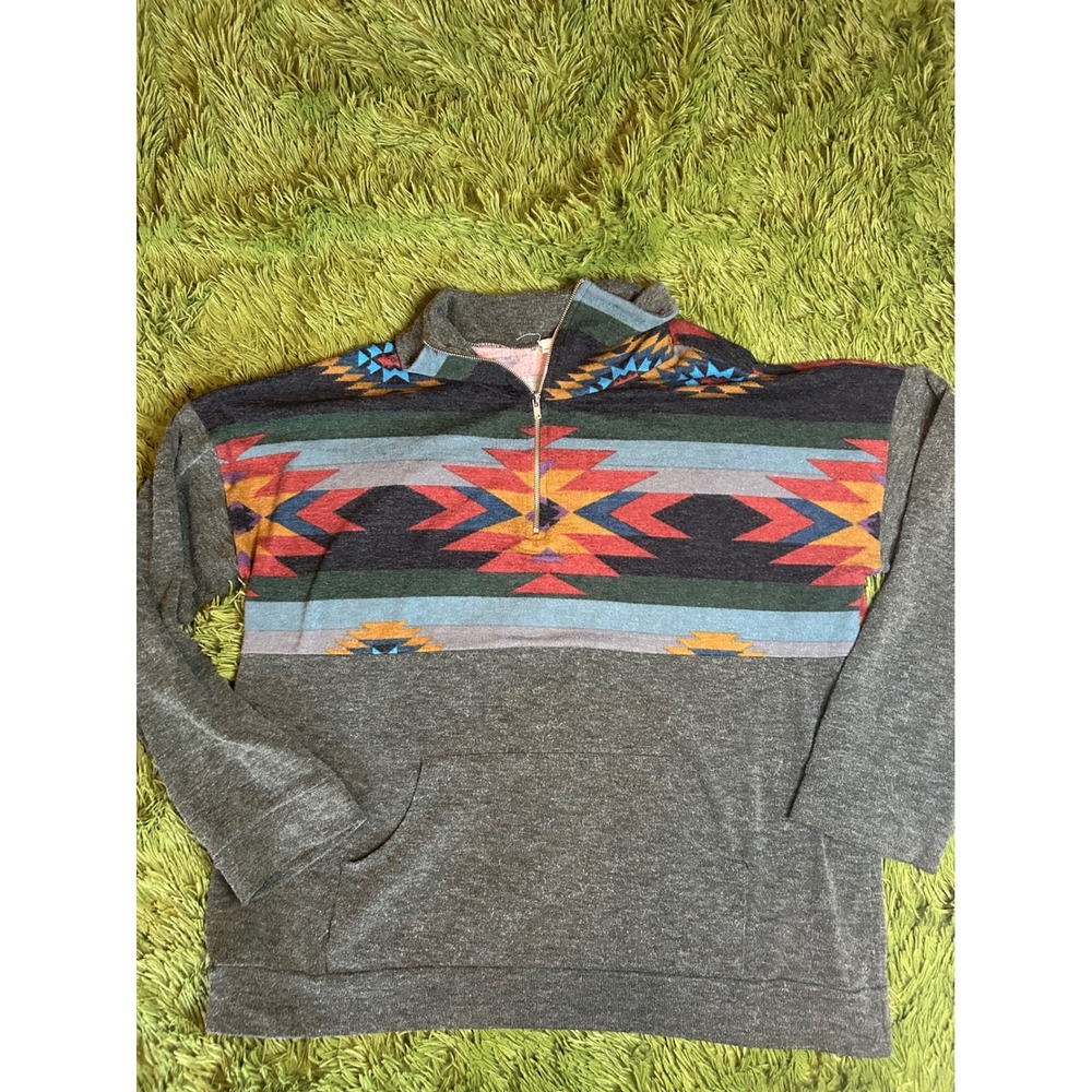7th Ray Pullover Women 1XL Gray Aztec Quarter Zip Southwestern Boho T-4705-XL